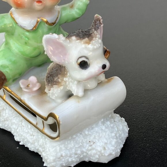UCAGCO Japan Porcelain Sugared Sledding Boy with Puppy Figurine - Picture 12 of 12